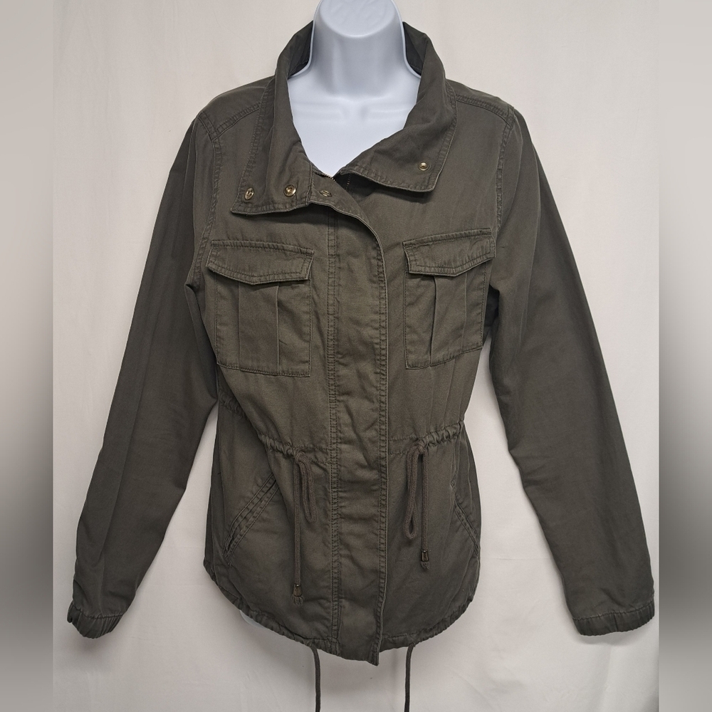 Old Navy M Utility Jacket Army Green Zipper Down Hidden Snaps Drawstring